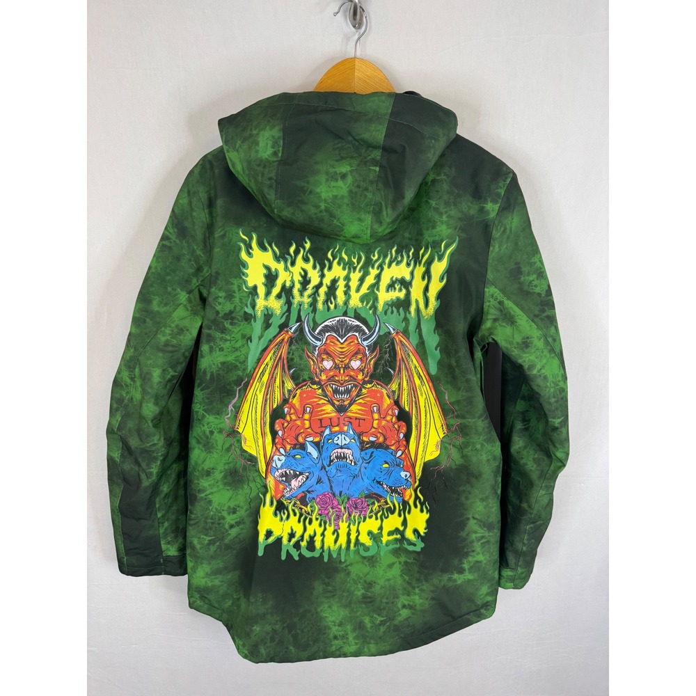 Broken Promises Mens S Green Tie Dye Graphic Hooded Snow Jacket Cerberus Devil